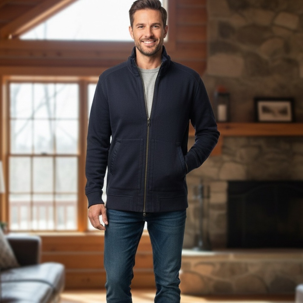 Banana Republic Dark Blue Knit Jacket full‎ zip hidden hood / 💯 cotton/ preppy